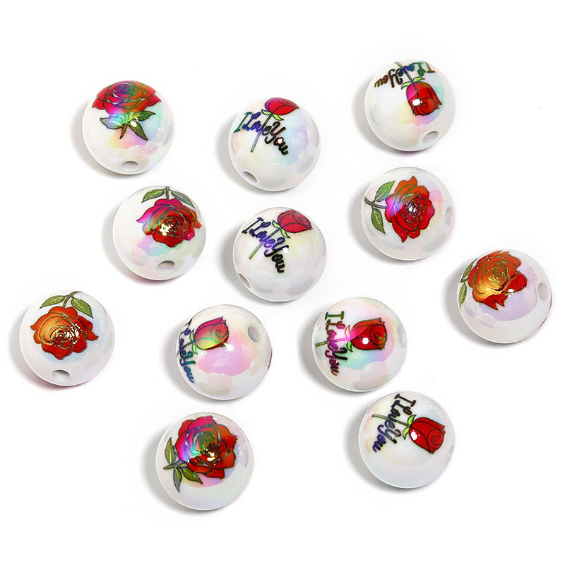 Wholesale 100PCS Valentine's Day Rose Printed Round Beads Acrylic Solid Color Plated DIY Beads