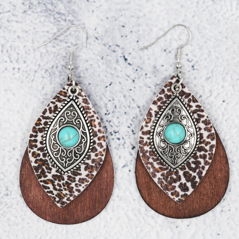 Wholesale Blue Turquoise Alloy Wood Leather Multi Layer Combination Earrings