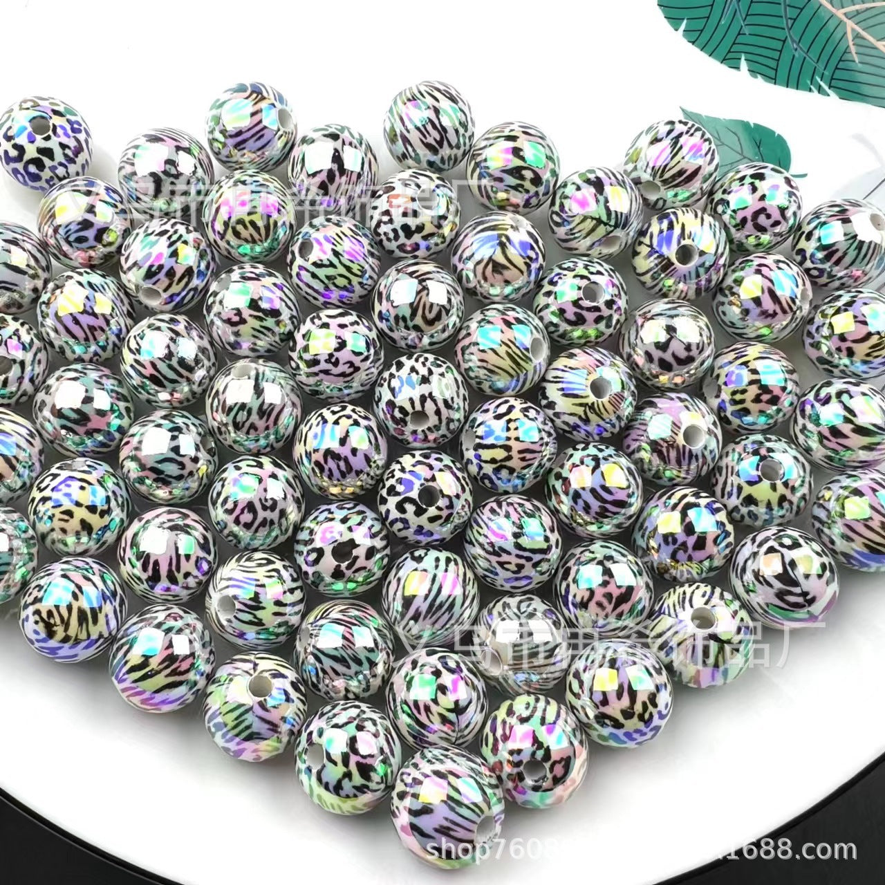 Wholesale 200PCS/PACK 16mm Leopard Printing UV Plating Color Straight Hole Acrylic Round Beads