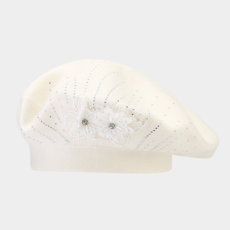 Wholesale British Retro Fashion Flower Hot Diamond Knitted Winter Beret