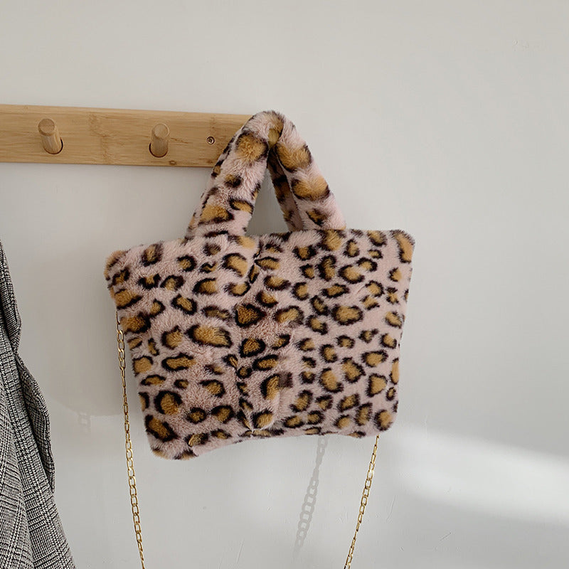 Wholesale Plush Leopard Print Tote Bag Handbag Chain Crossbody Bag