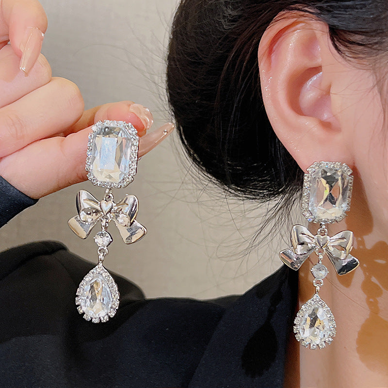 Wholesale exaggerated long tassel full diamond bow square earrings