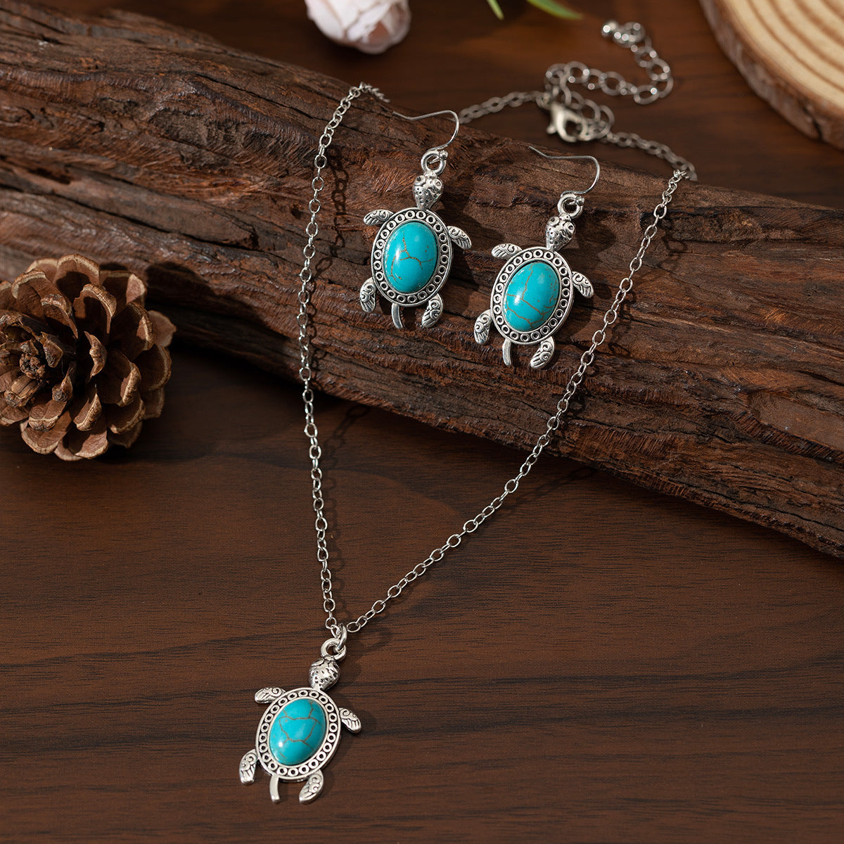 Wholesale Bohemian Turquoise Turtle Earring Necklace Set
