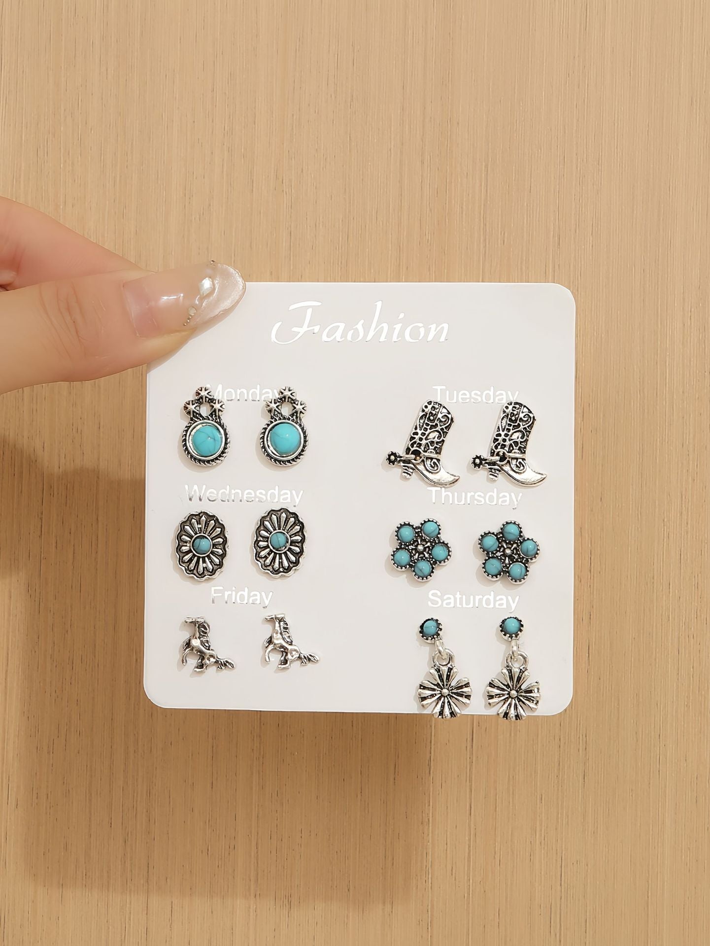 Wholesale 6 Pairs Bohemian Turquoise Drop Earrings Set Arrow Heart Flower Tassel Ethnic Style Chic Jewelry Accessory For Everyday Wear