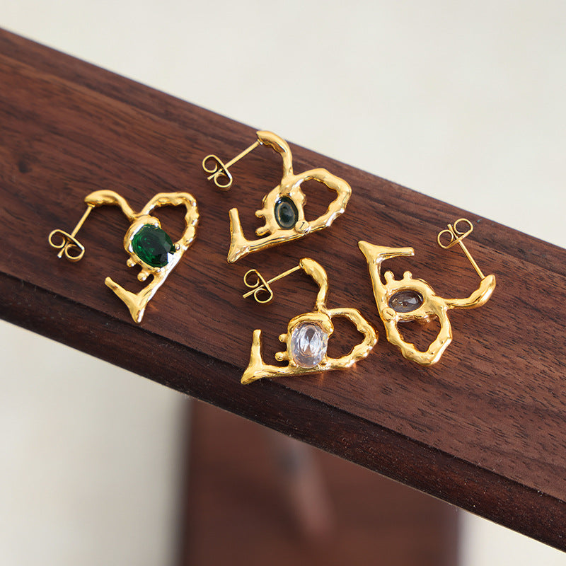 Wholesale Creative Ear Glass Heart Shaped Gold Plated Earrings