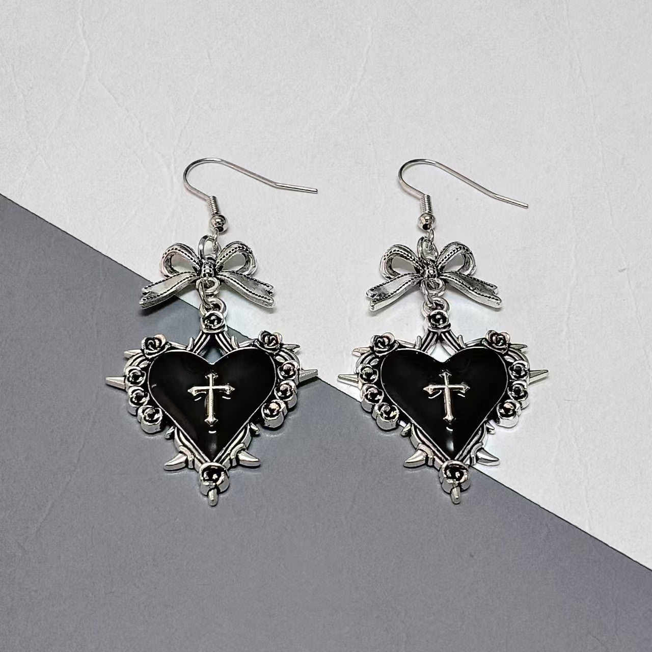 Wholesale Dark Blood-Colored Heart-Shaped Rose Bow Gothic Earrings