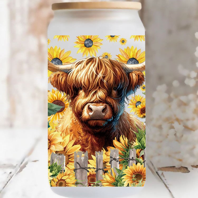 Wholesale Cute cartoon sunflower cow 16oz Cup UV DTF Wraps