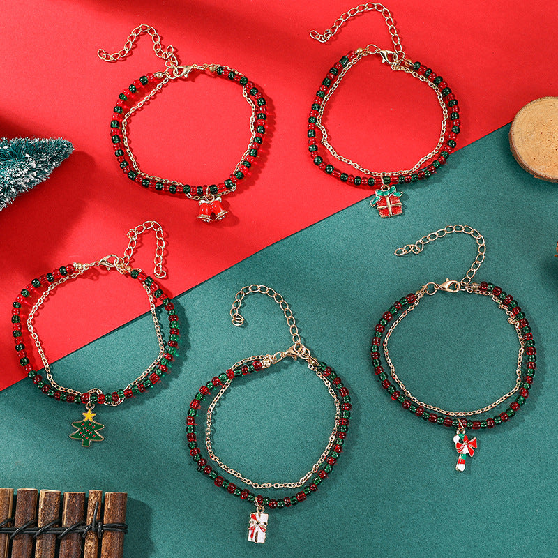 Wholesale Women S Christmas Tree Beaded Bell Bracelet Double Layer Zinc Alloy Design Holiday Gift Box Fashion Jewelry Resale