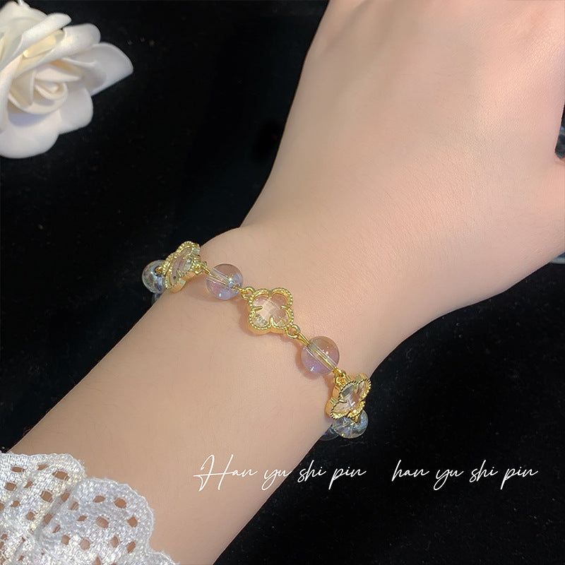 Cristal al por mayor de cuatro hojas Clover Moonstone Bead -Drawstring Bracelet