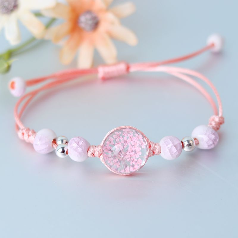 Flores secas para aliento al por mayor tira pulsera de bola de vidrio ajustable