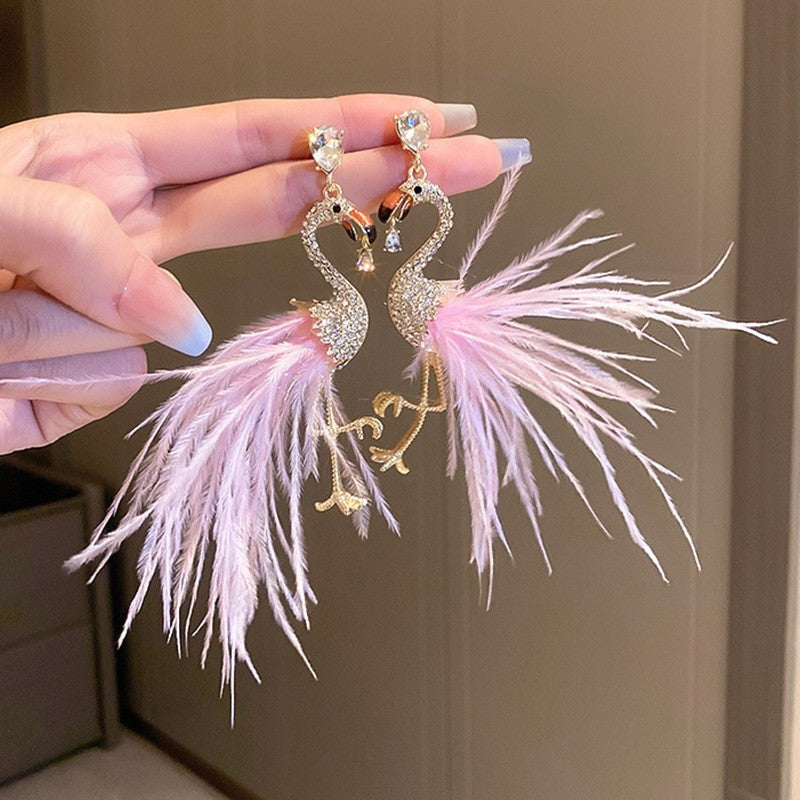 Wholesale Diamond studded bow feather tassel earrings