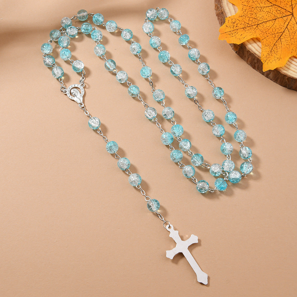 Wholesale 10pcs/pack 8mm floral glass bead cross rosary necklace