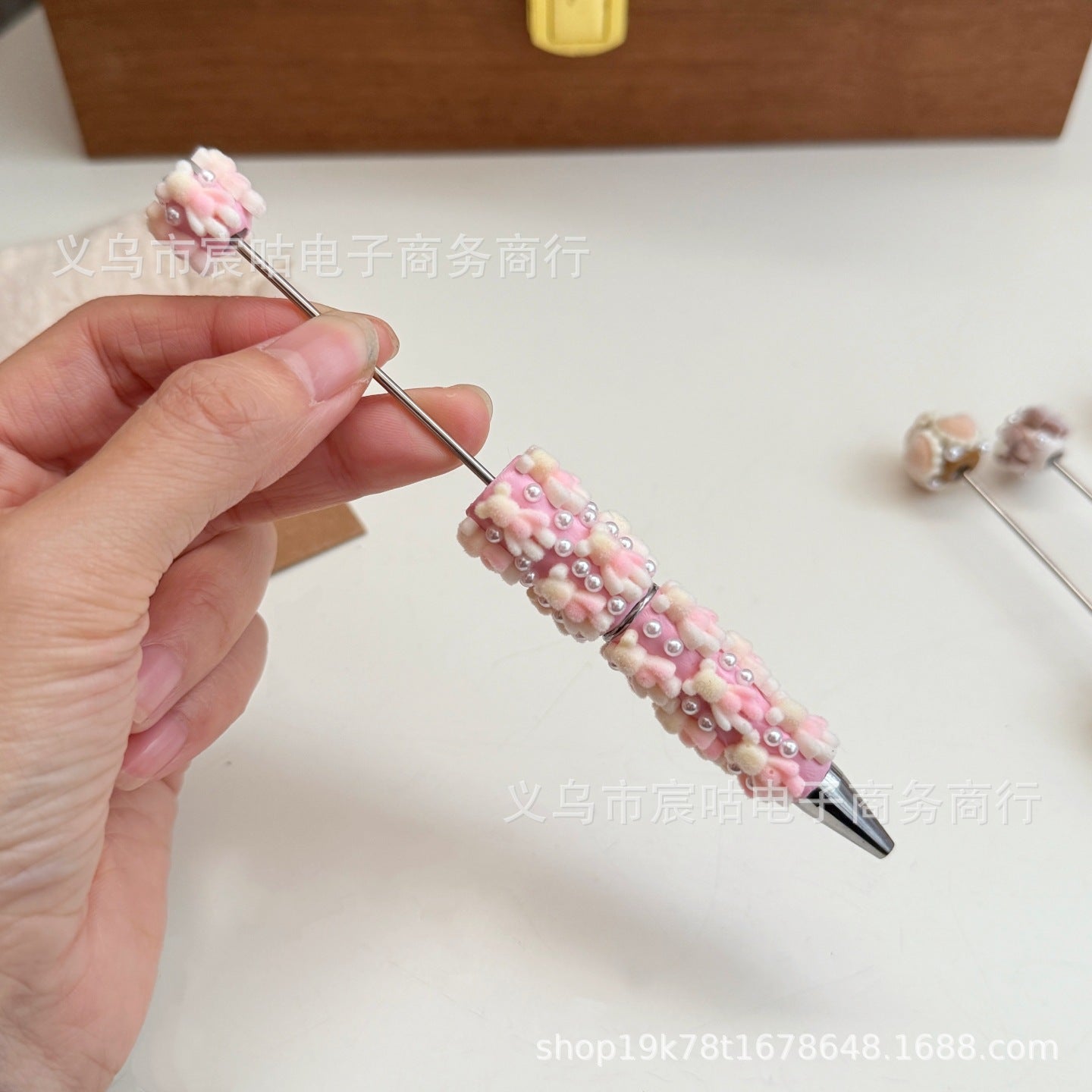 Wholesale  2pcs Flocked Heart Bear Bow  Ballpoint Fancy Beadable Pens DIY Beaded