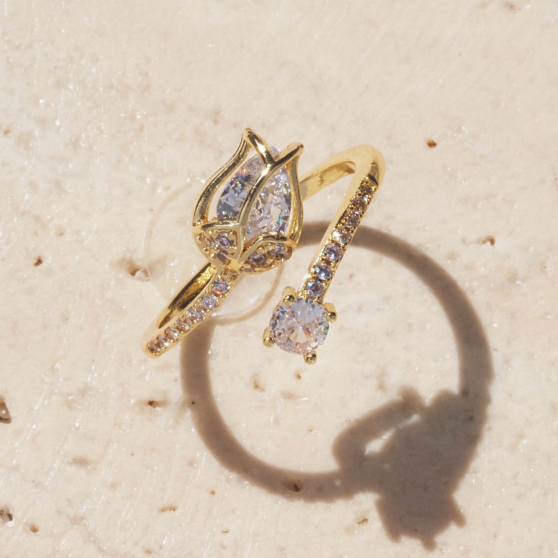 Wholesale Tulip Ring Copper Gold-Plated Simple Niche  Flower Copper Zircon Ring