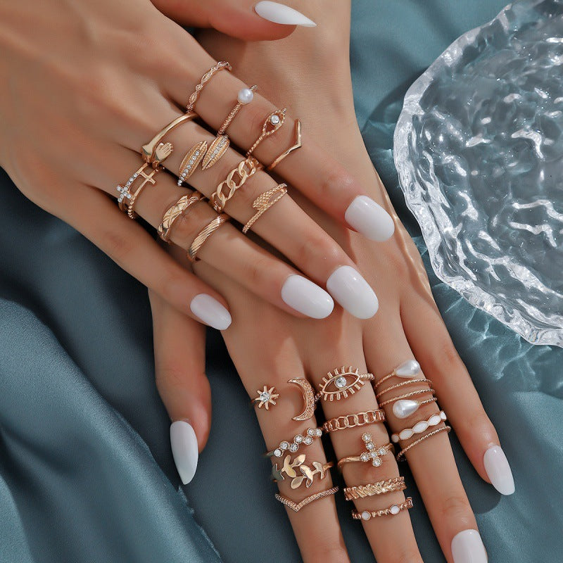Wholesale Diamond Eye Cross Leaf Hollow Multi-Joint Ring Set