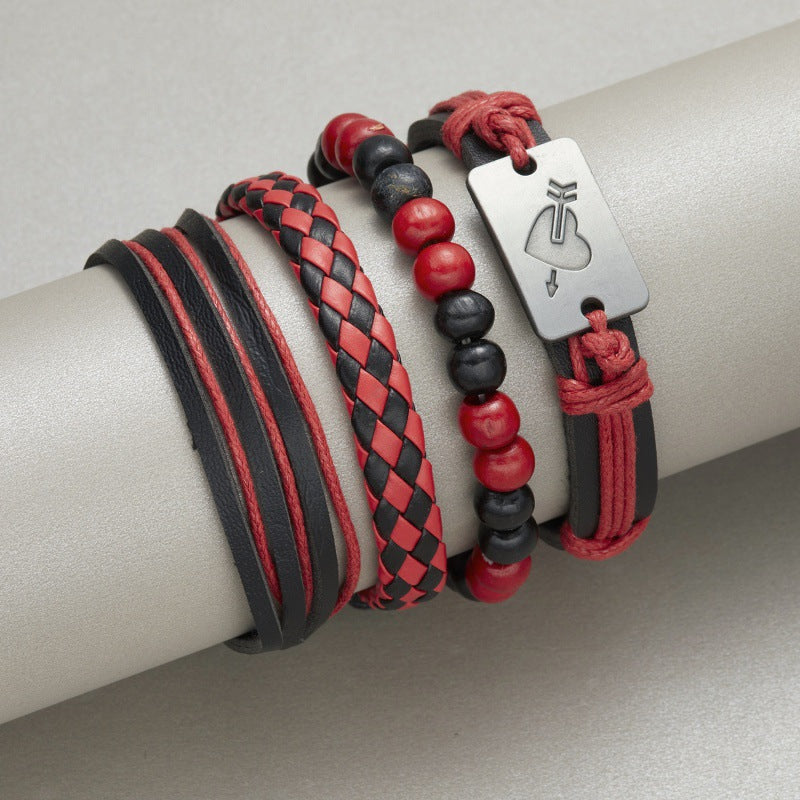 Peads de madera creativos al por mayor pulsera de cuero trenzado de plumas cruzadas