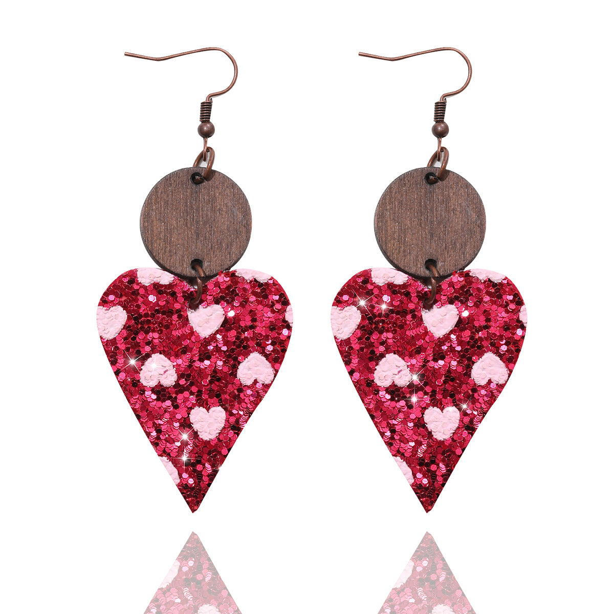 Wholesale Valentine's Day Sequin Particles, Heart-shaped Leather Wooden Block Earrings