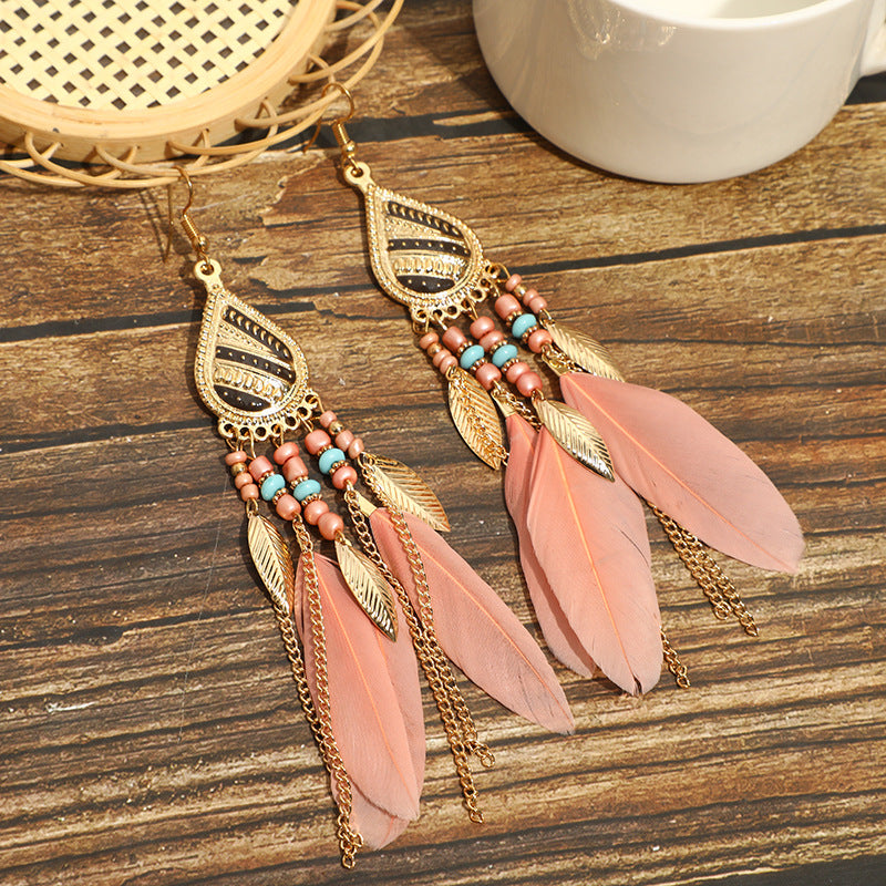 Wholesale Feather Bohemian Long Tassel Earrings