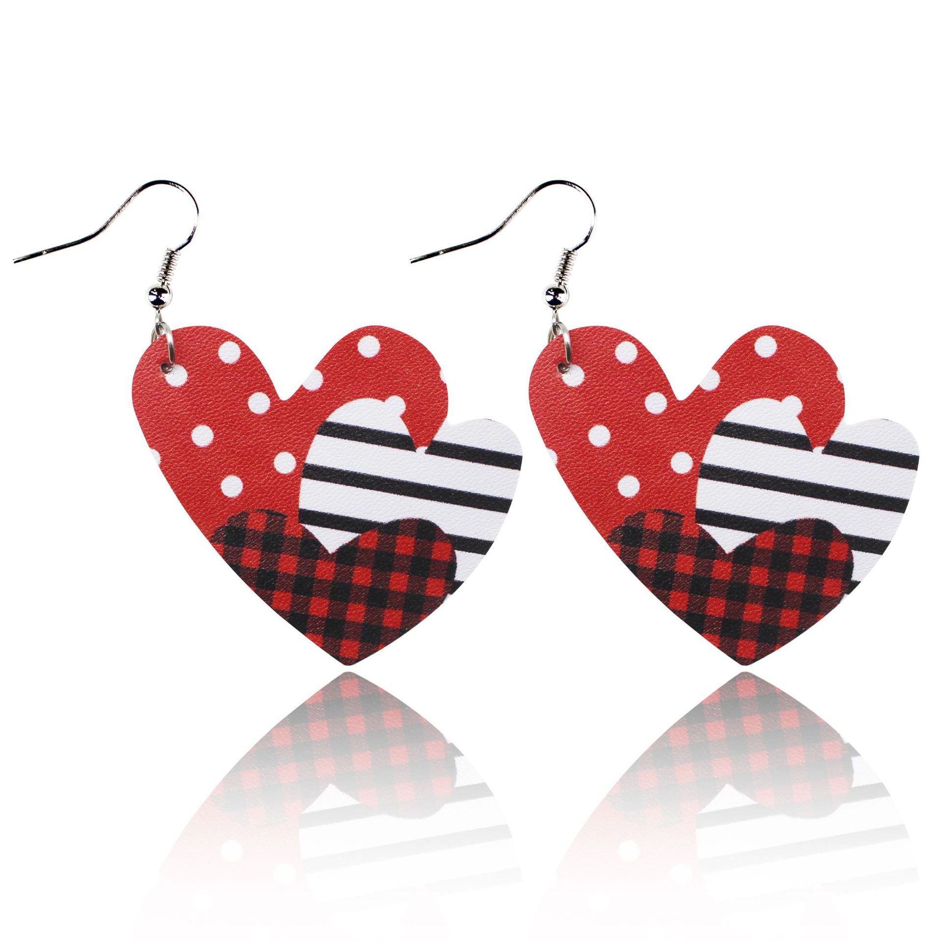 Wholesale Valentine's Day Red and Black Plaid Stripe Tie Dyed Leopard Heart Double Sided Leather Earrings