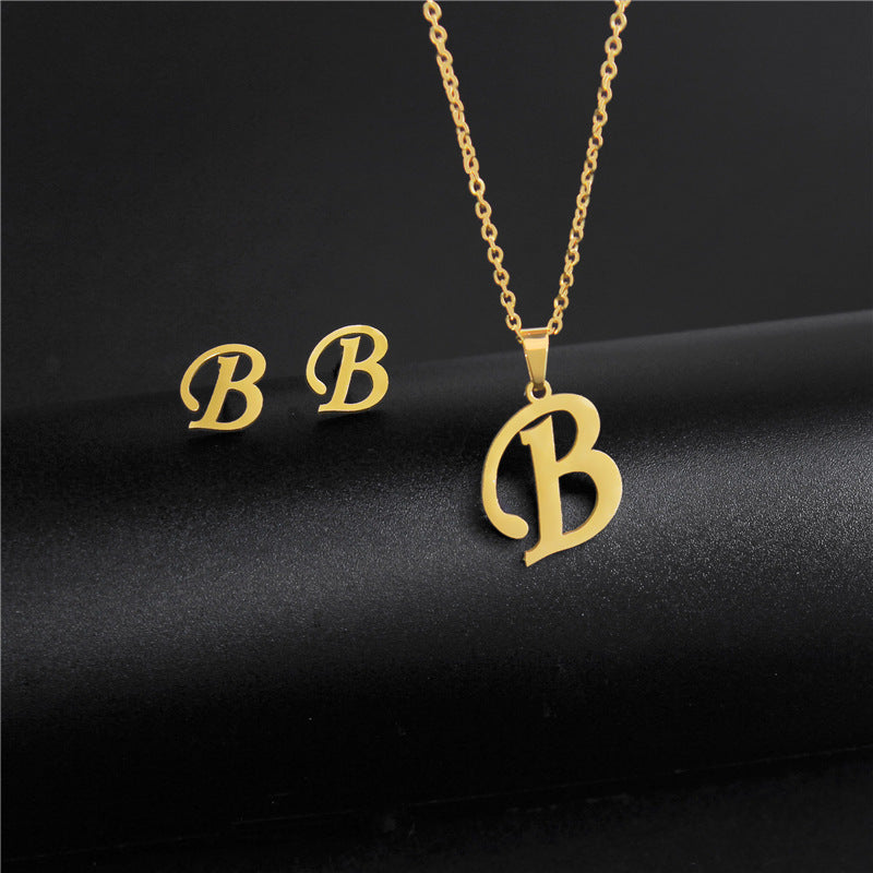Wholesale Stainless Steel 26 Letter Necklace Earrings Two Piece Set