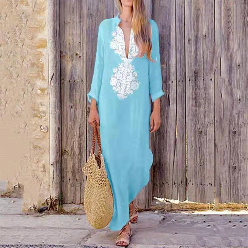 Wholesale V-neck Loose Long Sleeve Cotton and Linen Women's Dress