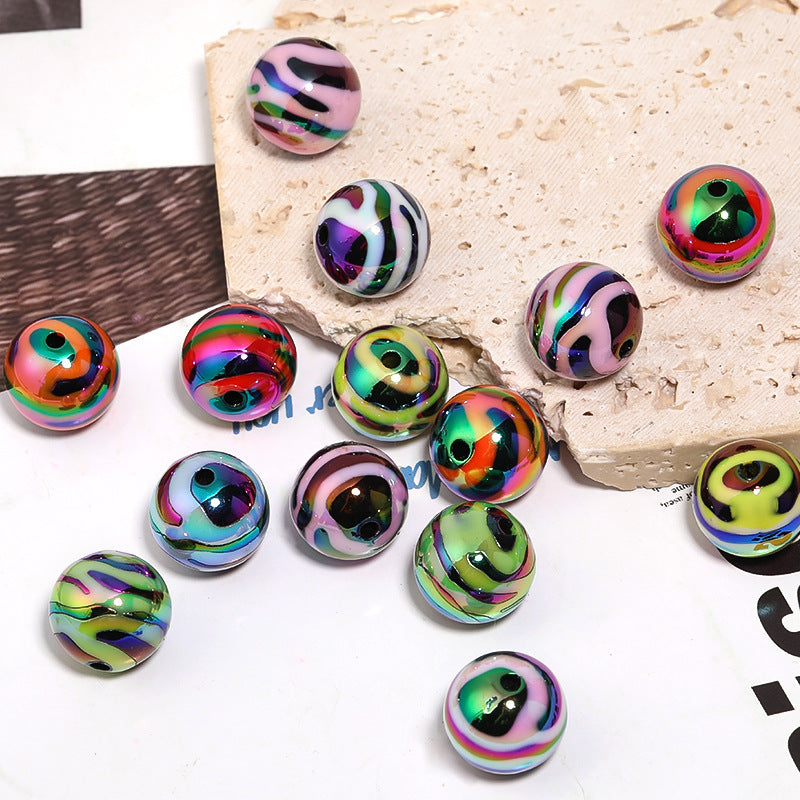 Wholesale 50pcs UV Coated Acrylic Zebra Patterned Lines, Round Beads, Colored Stripes, DIY  Beads