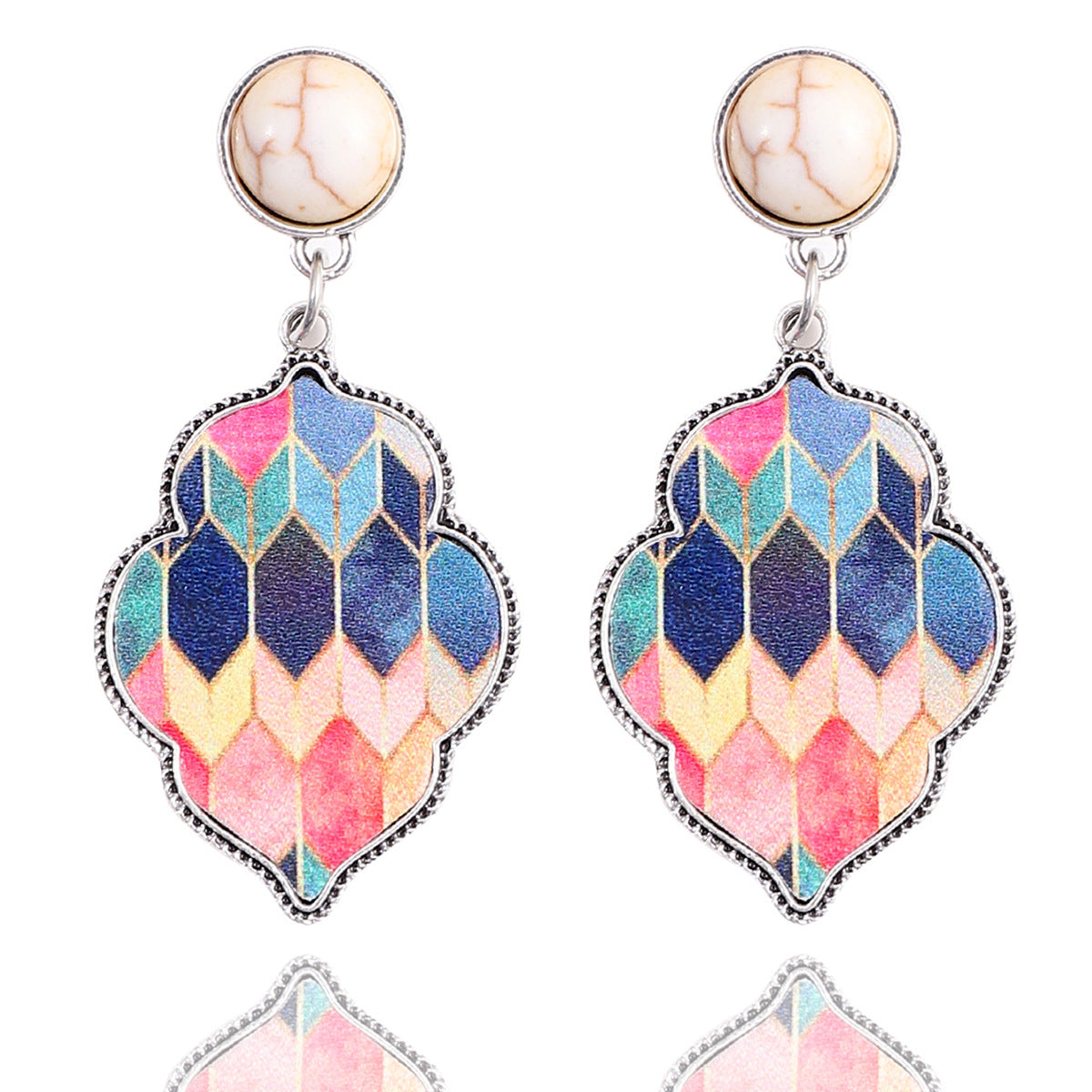 Wholesale Leather Alloy Turquoise Color Quadrilateral Earrings