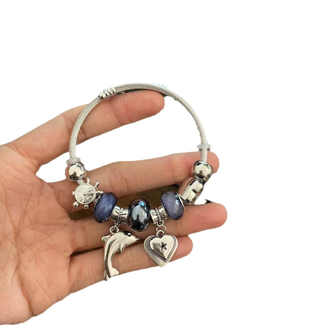 Wholesale stainless steel dolphin love bracelet love pendant jade-like stone powder beaded personality open bracelet
