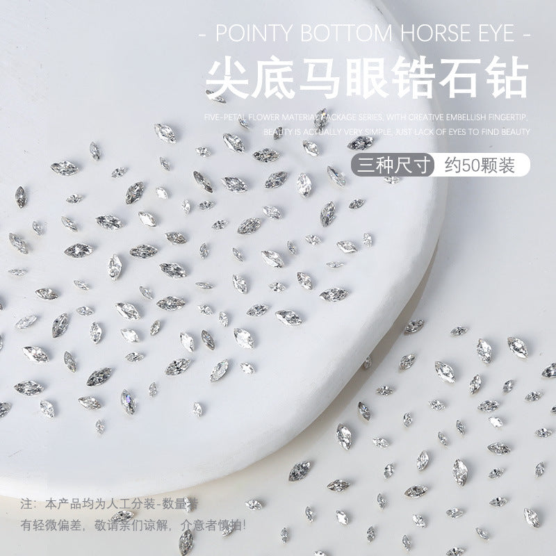 Wholesale 50pcs nail art pointed bottom diamond 5A zircon large, medium and small horse eye diamond special shaped diamond nail decoration