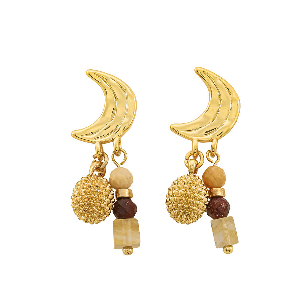Wholesale Retro Maillard Tiger Eye Stone Natural Stone Moon Earrings