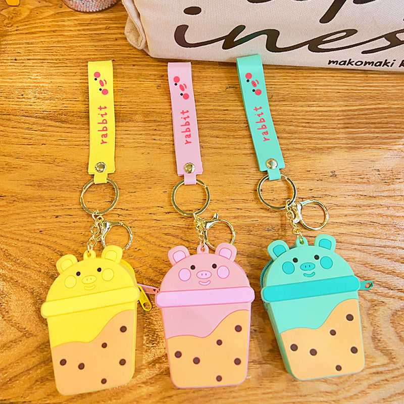 Wholesale Acrylic Cute Milk Tea Pig Silicone Coin Purse Keychain