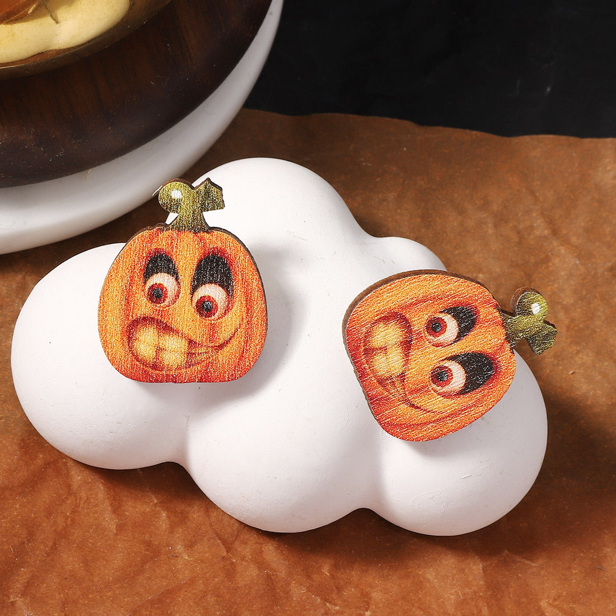 Wholesale Halloween Creative Funny Wood Printed Pumpkin Expression Pack Earrings