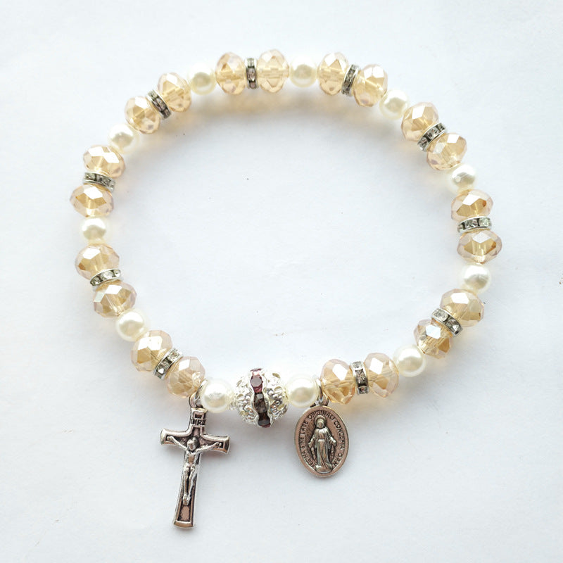 Wholesale Alloy Cross Crystal Girls Elastic Beaded Bracelet