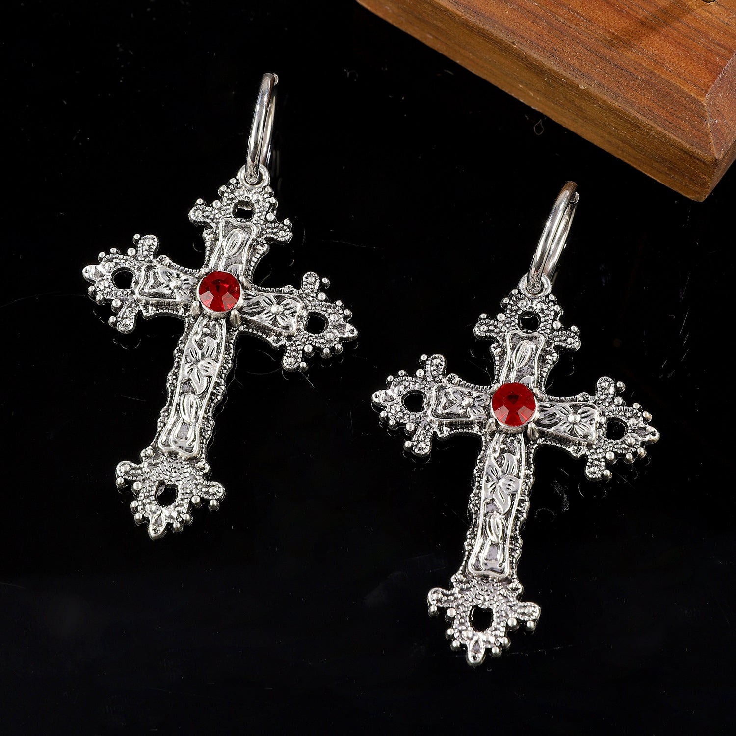 Wholesale Ancient silver flower vine cross gothic retro hip-hop exaggerated earrings