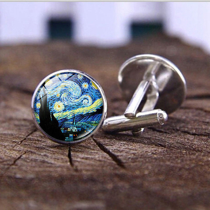 Wholesale Alloy Van Gogh Starry Night Sunflower Time Gemstone Cufflinks