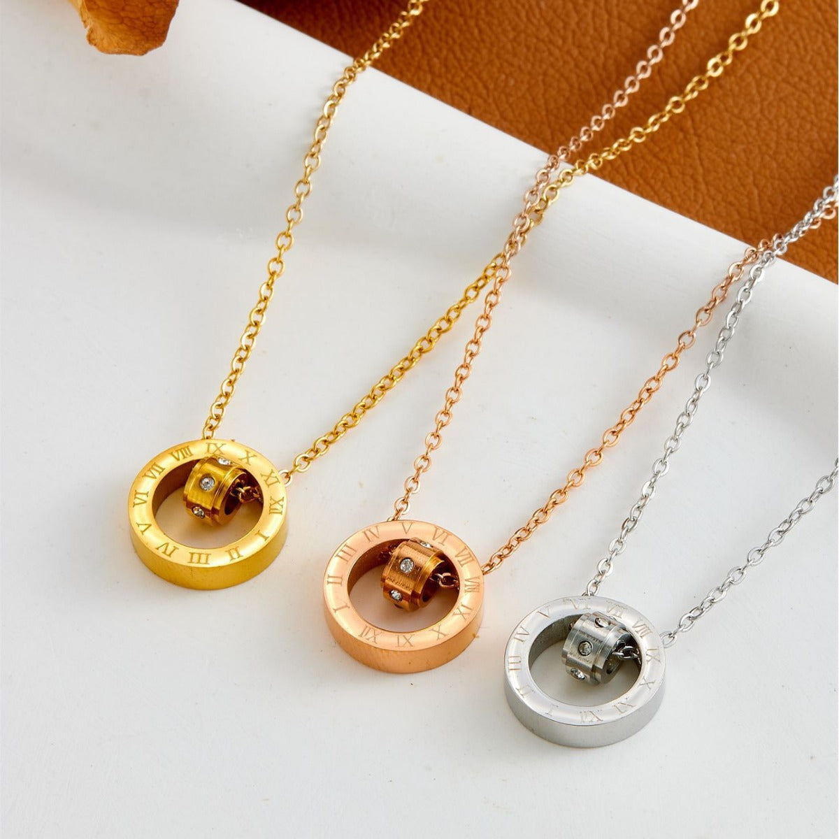 Wholesale  Creative Titanium Steel Rose Gold Plated  Clavicle Chain  Double Ring Necklace