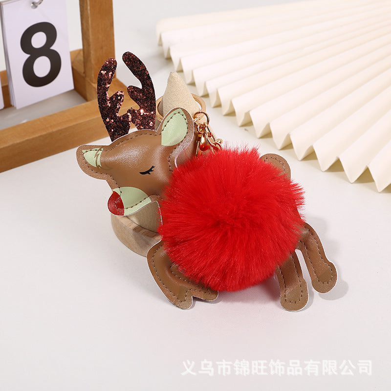 Wholesale Christmas Leather Elk Santa Claus Fur Ball Keychain