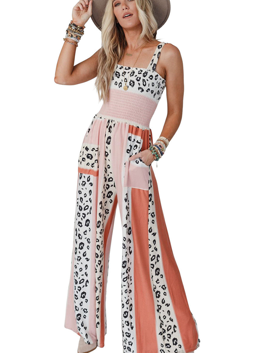 Wholesale Pink Leopard Mixed Color Print Jumpsuit
