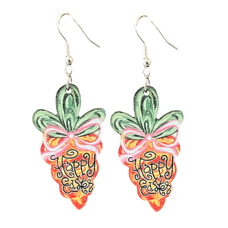 Wholesale 2pairs/pack Easter Wooden Cute Bow Colorful Bunny Cross Carrot Pattern Earrings