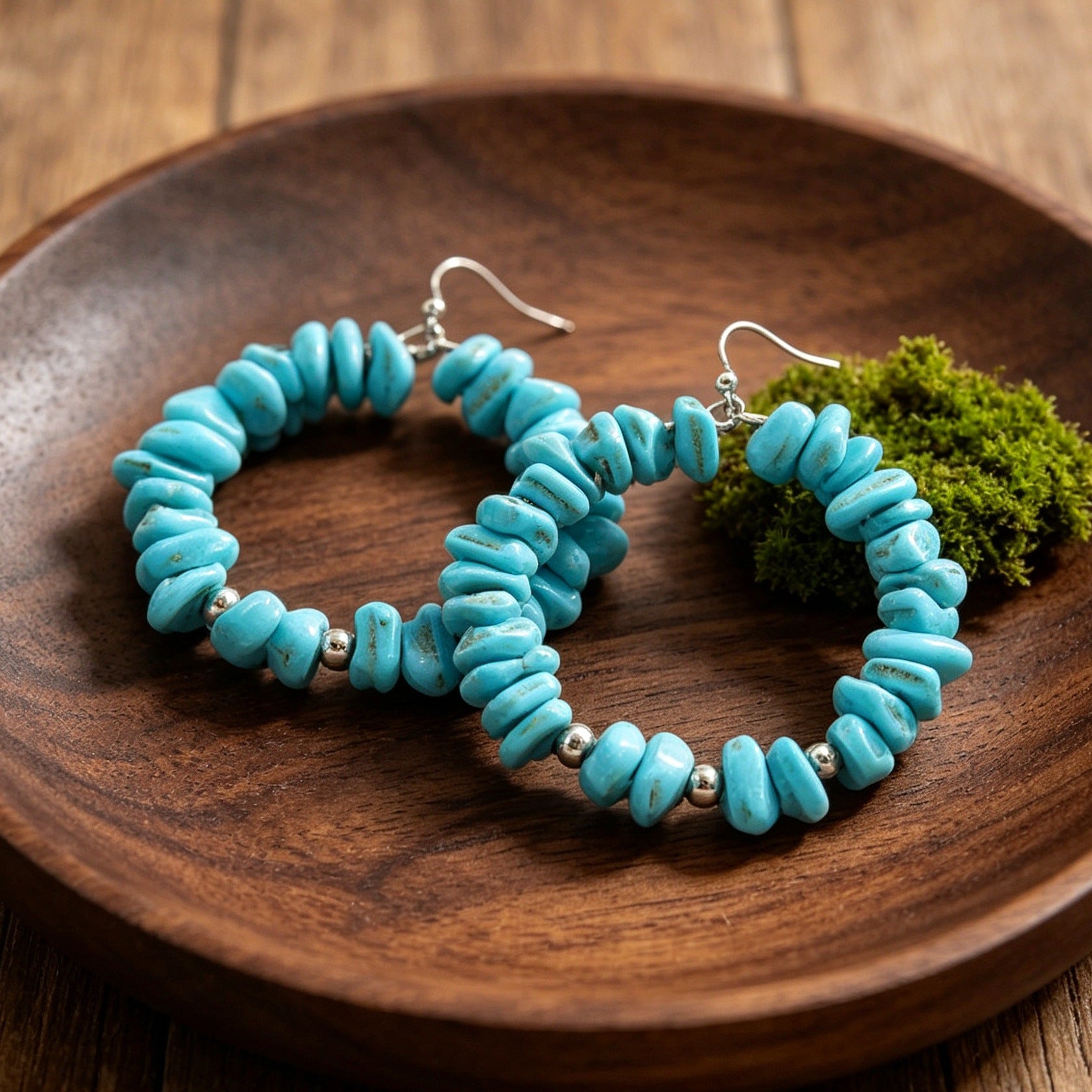 Wholesale Retro Western Turquoise Blue Bead Circle Earrings Bohemian Irregular Jewelry Accessory For Women