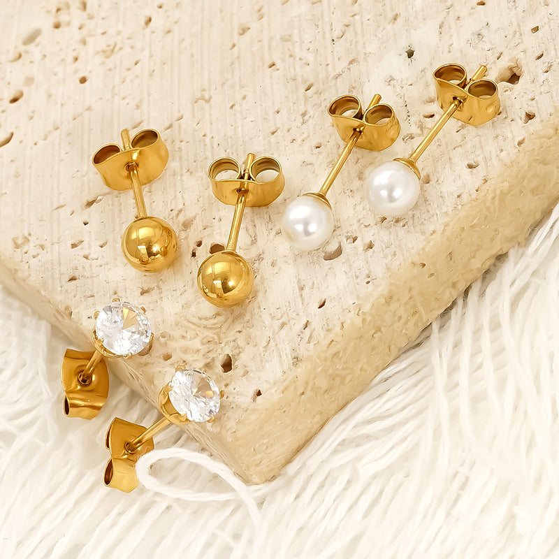 Wholesale Titanium Steel Zircon Pearl Steel Bead Earrings Niche Versatile Light Luxury Earrings