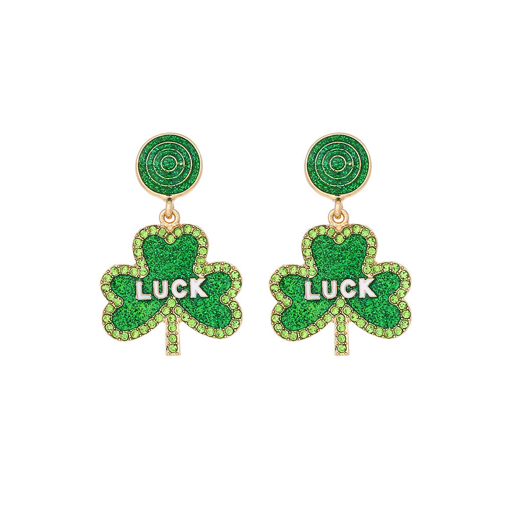Wholesale St. Patrick's Four-leaf Clover Alloy Oil-drip Diamond LUCK Earrings