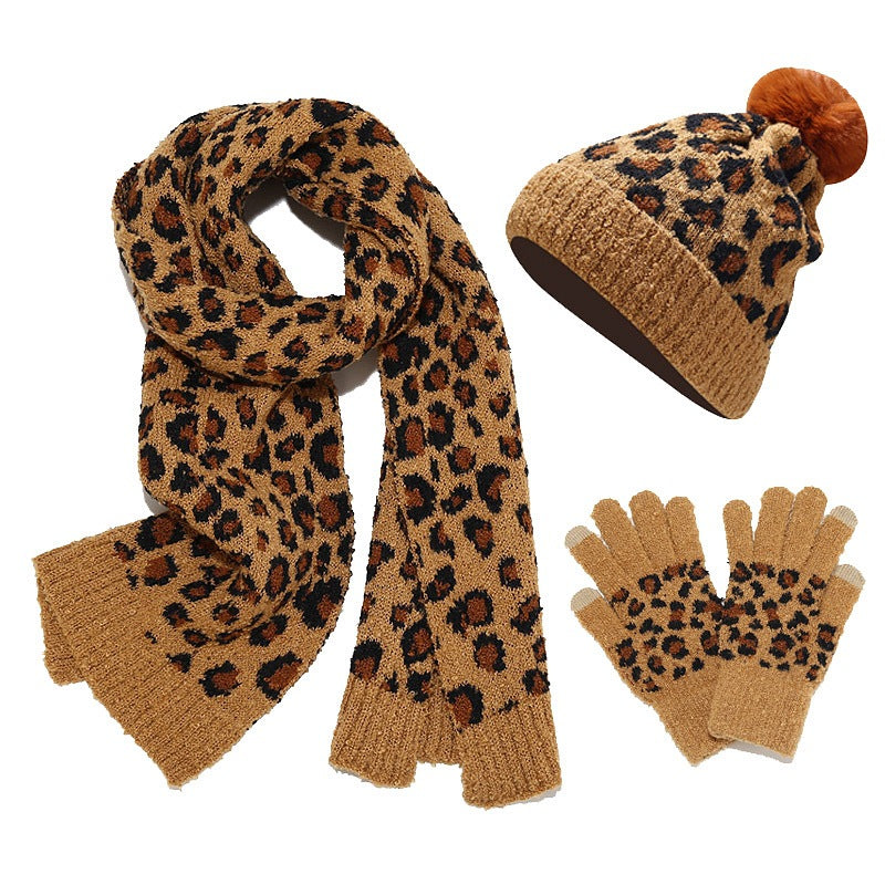 Wholesale Autumn and Winter Cold-proof and Warm Thickened Wool Knitted Leopard Print Scarf and Gloves Three-piece Set