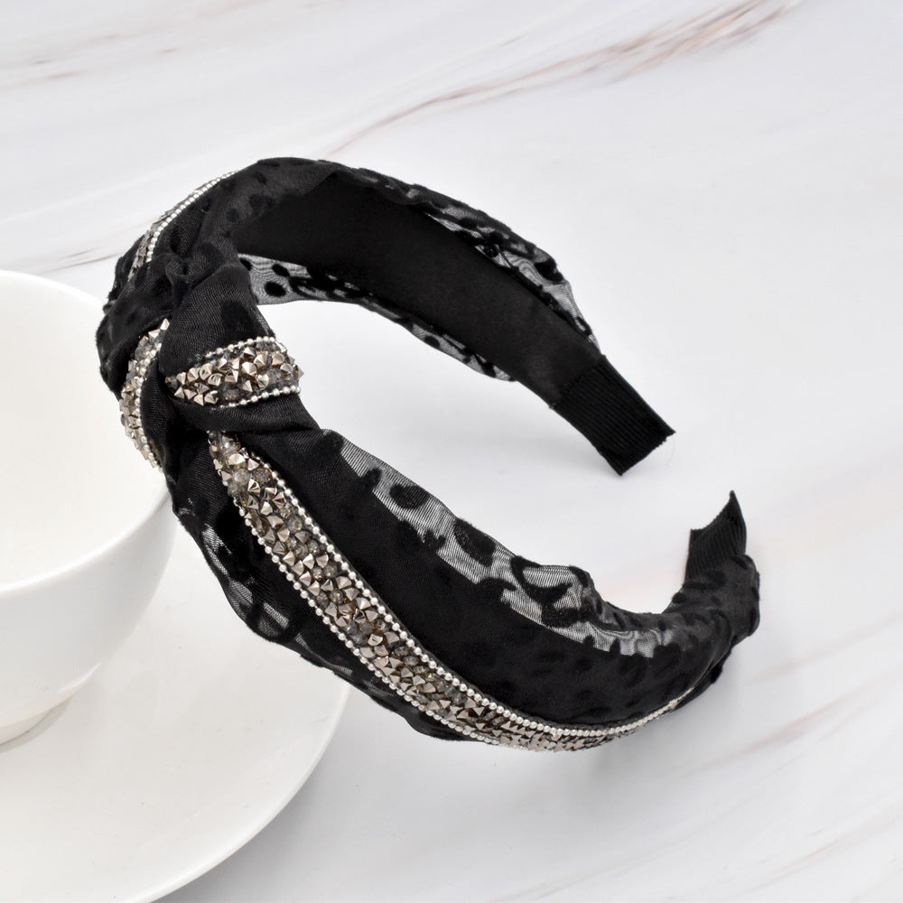 Wholesale Rhinestone with Mesh Leopard Pattern Fabric Knots and Hoops