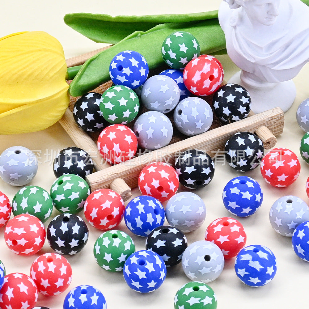 Wholesale 10pcs/pack Five-Pointed Star Watermark Food Grade Silicone DIY  Round Beads