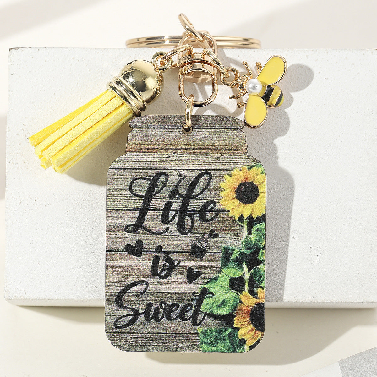 Wholesale Wooden Sunflower Slogan Bee Honeypot Color Printed Keychain