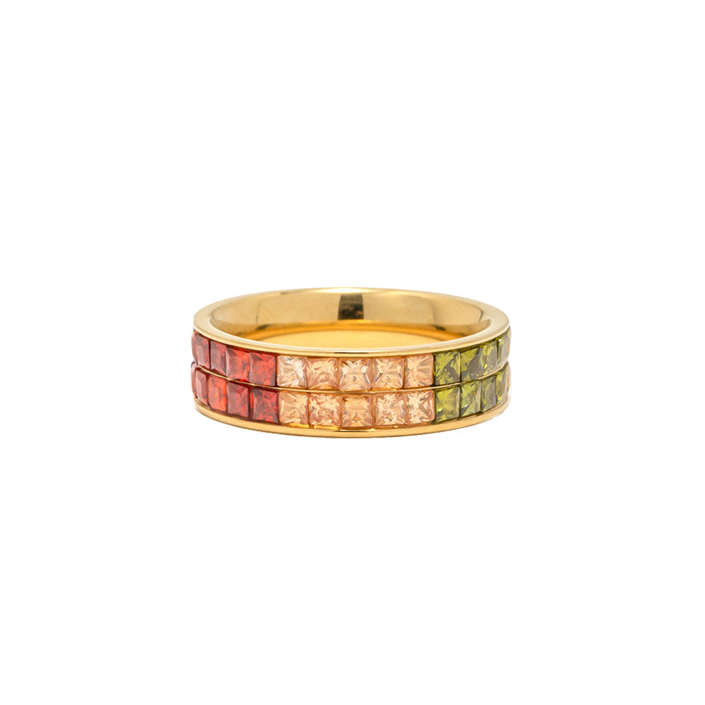 Wholesale Stainless Steel Double Layer Colorful Square Inlaid Zirconium Ring