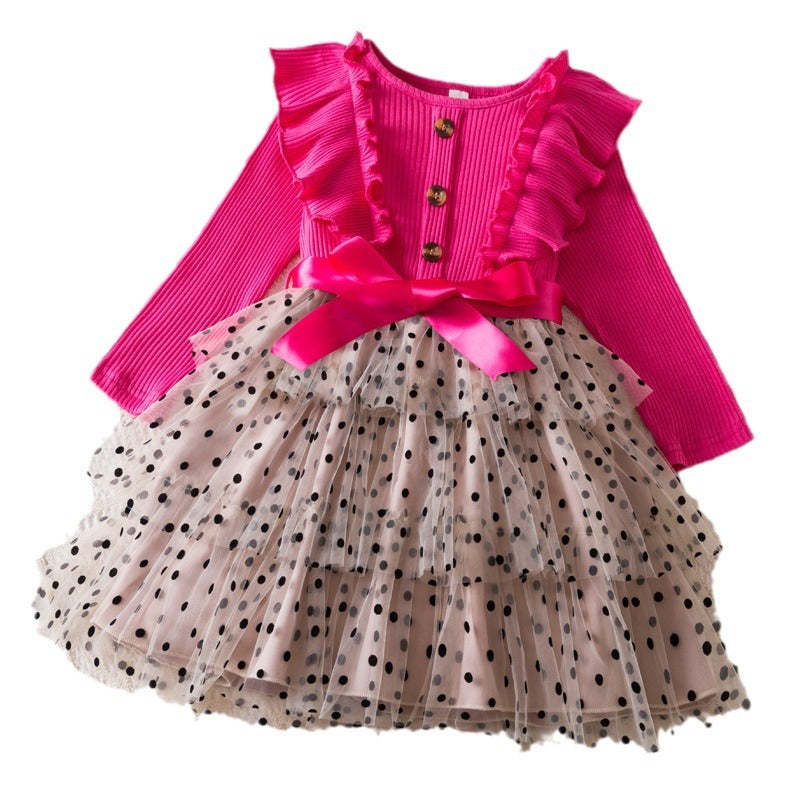 Wholesale Autumn and Winter Long Sleeved Bow Polka Dot Mesh Baby Clothes