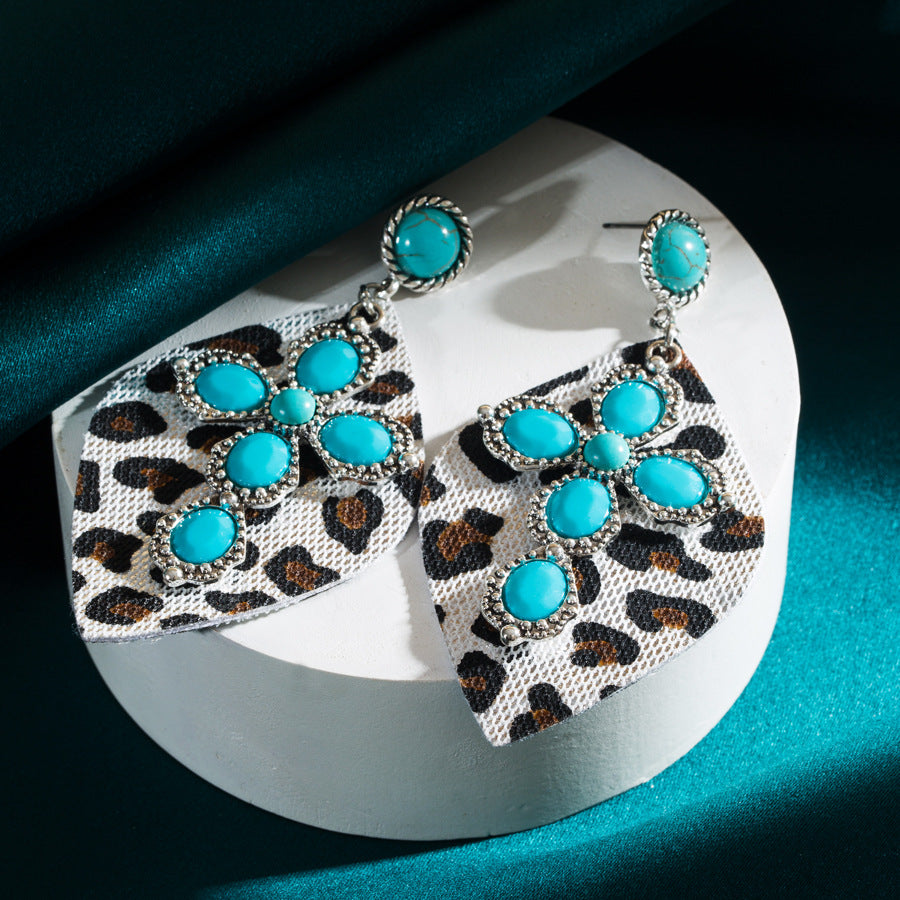 Wholesale Vintage Western Leopard Print Inlaid Turquoise Leather Earrings
