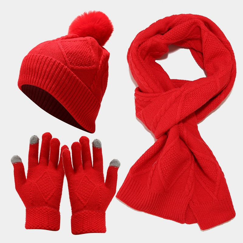 Wholesale Autumn and Winter Cold-proof and Warm Thickened Woolen Knitted Scarf and Gloves Three-piece Set